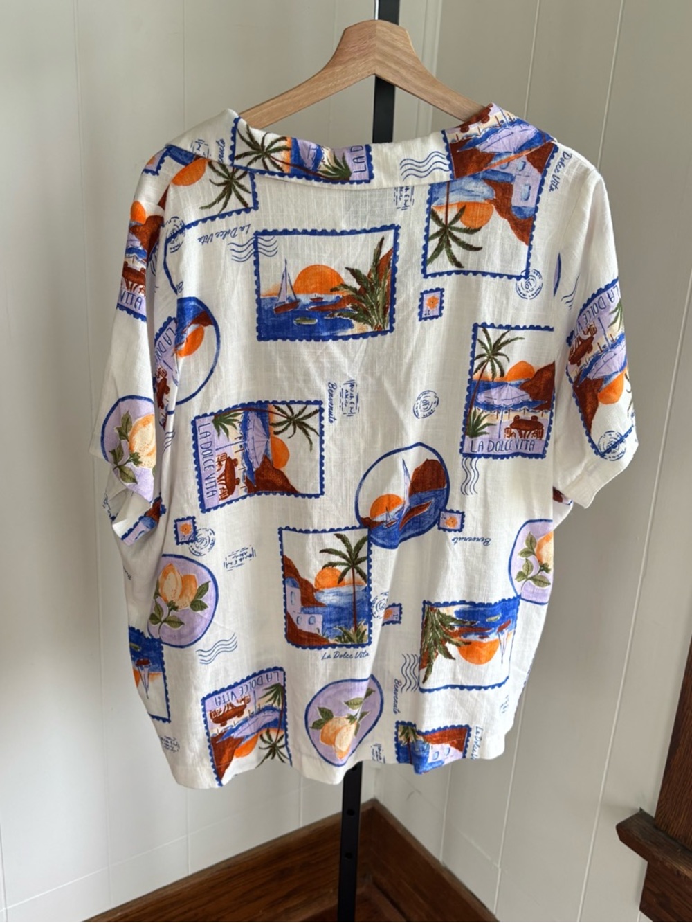 Paper Heart Tropical Stamp Print Camp Shirt Linen Blend Oversized Womens Medium - Picture 3 of 9